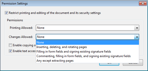 Screenshot: Setting permission restrictions for certificate security in Acrobat