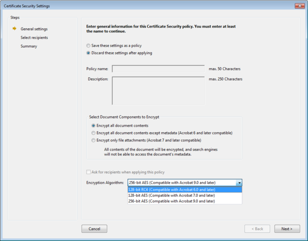 Screenshot: Acrobat’s certificate security dialog with choice of PDF encryption algorithms at the bottom